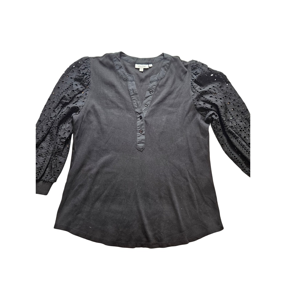 Chicos Black Ribbed Henley Top Eyelet Embroidered Balloon Sleeve Size 2 US Large